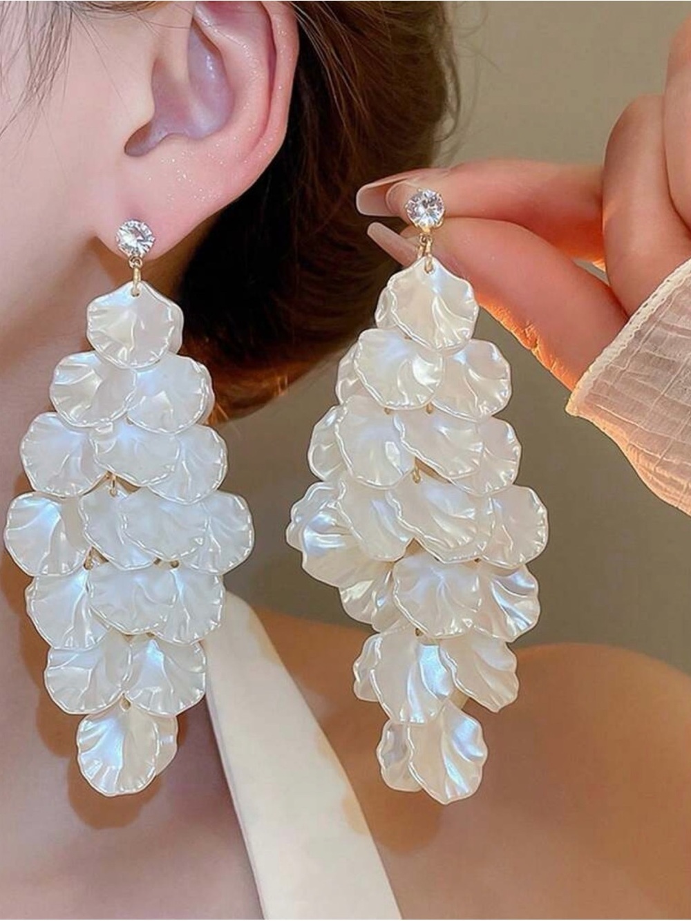 Pearl Petal Cascade Drop Earrings in Iridescent White - Picture 1 of 6
